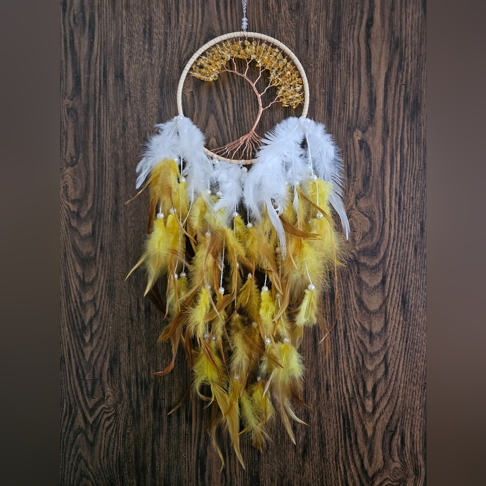 Boho Citrine Tree Of Life Dreamcatcher with Yellow and White Feathers